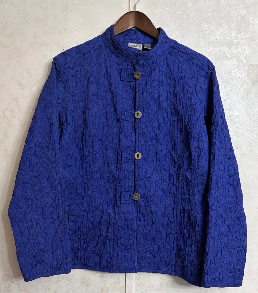 Chico's 3 Kimono Style Artsy Asian-Inspired Royal Blue Jacquard Crinkle Jacket